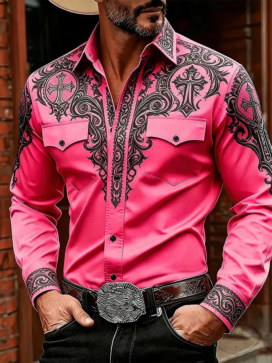 Men's Western Pink Embroidered Long Sleeve Button Down Shirt