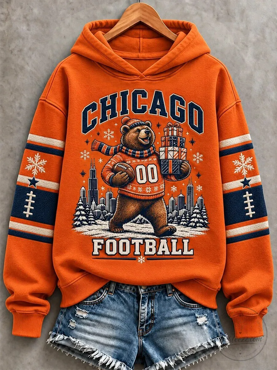 Chicago Football Bear Christmas Winter Wonderland Orange Hoodie 1 Chicago Football Bear Christmas Winter Wonderland Orange Hoodie