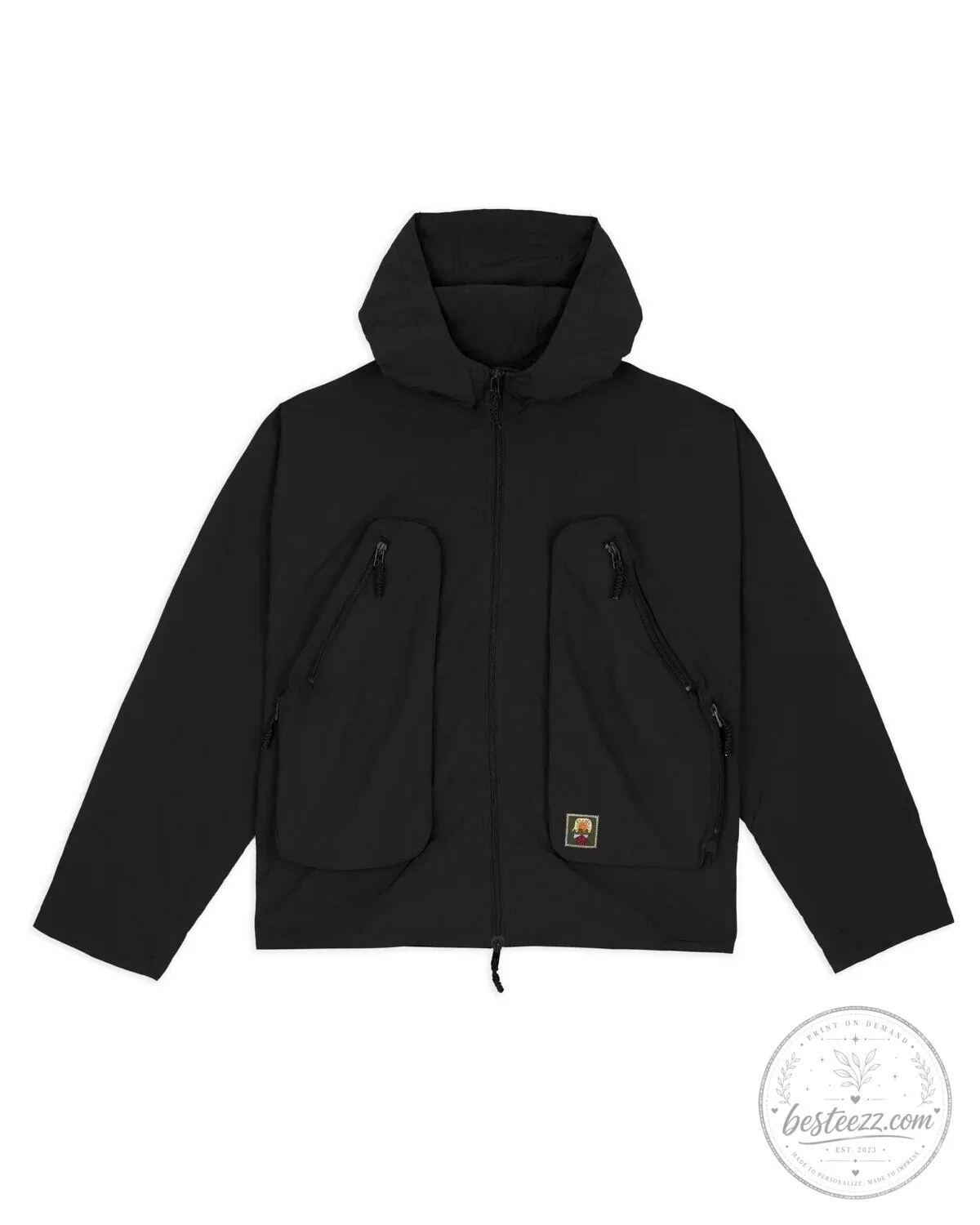 Men's Black Hooded Waterproof Outdoor Utility Jacket with Pockets